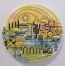 Load image into Gallery viewer, 3.5&quot; round magnet with KC skyline design by local artist Suzanne Southard
