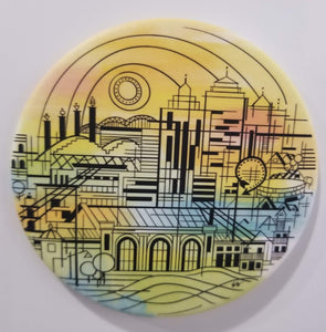 3.5" round magnet with KC skyline design by local artist Suzanne Southard