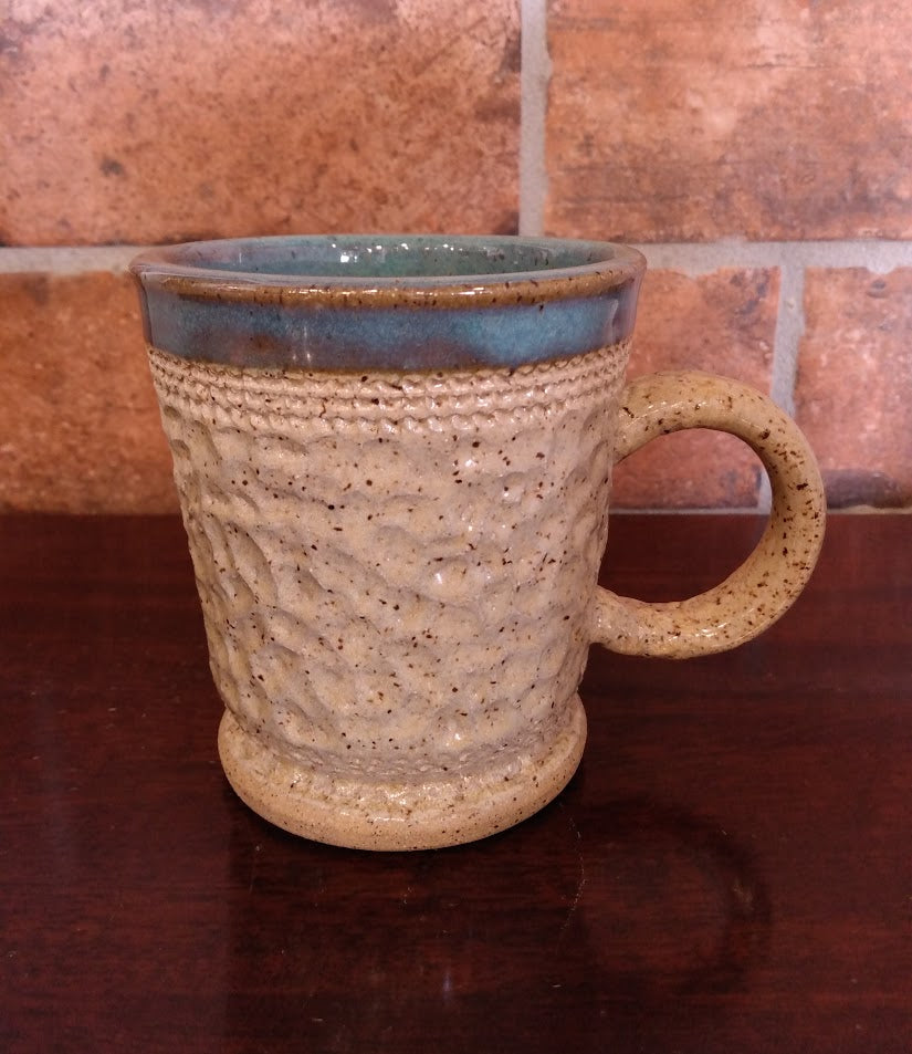 Speckled Beige with Blue Stripe Textured Ceramic Mug