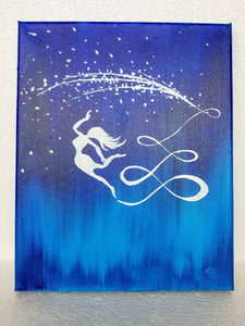 Original Painting by James Bland of Olathe Kansas. Blue background flying woman silhouette