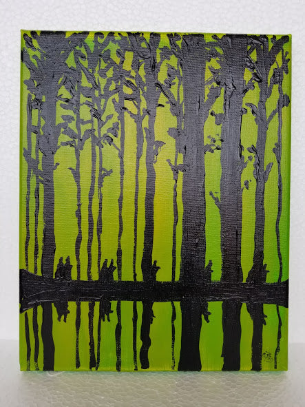 Original Painting by James bland. Green background with black silhouette trees