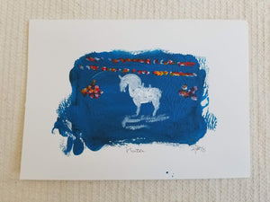 Original Painting Greeting Card by James Bland. White horse on blue background, titled "Plaza"