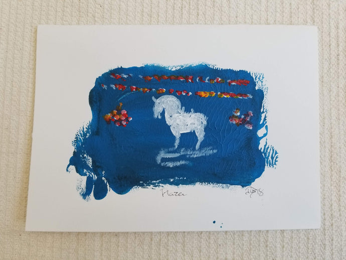 Original Painting Greeting Card by James Bland. White horse on blue background, titled 