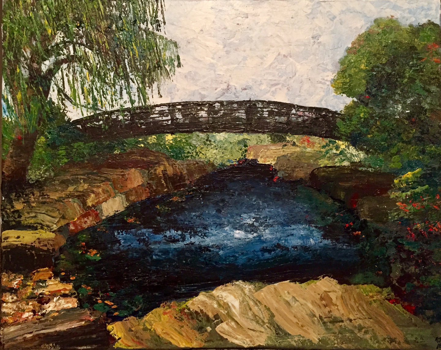 8x10 print of painting by Renee Wetzel. Bridge over water with trees