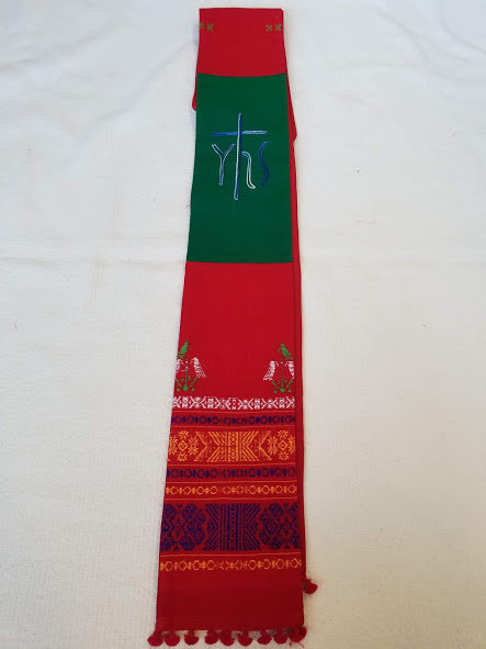 Clergy stole handwoven red and green with stripes and cross, made in Nagaland India