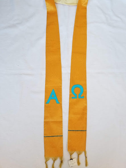 Clergy stole yellow with Alpha and Omega, Handwoven in Nagaland India