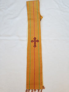 Yellow clergy stole with stripes and cross, handwoven in Nagaland India
