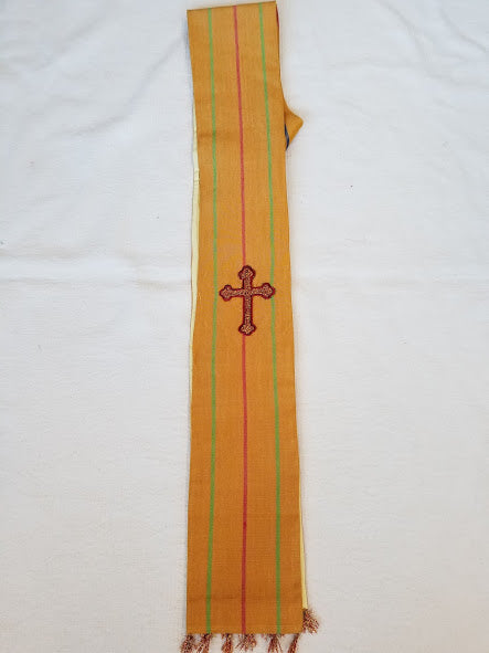 Yellow clergy stole with stripes and cross, handwoven in Nagaland India