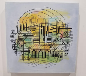 Original acrylic and screen print from hand-drawn design of Kansas City skyline. on "8x8" wood panel. By Local artist Suzanne Southard 