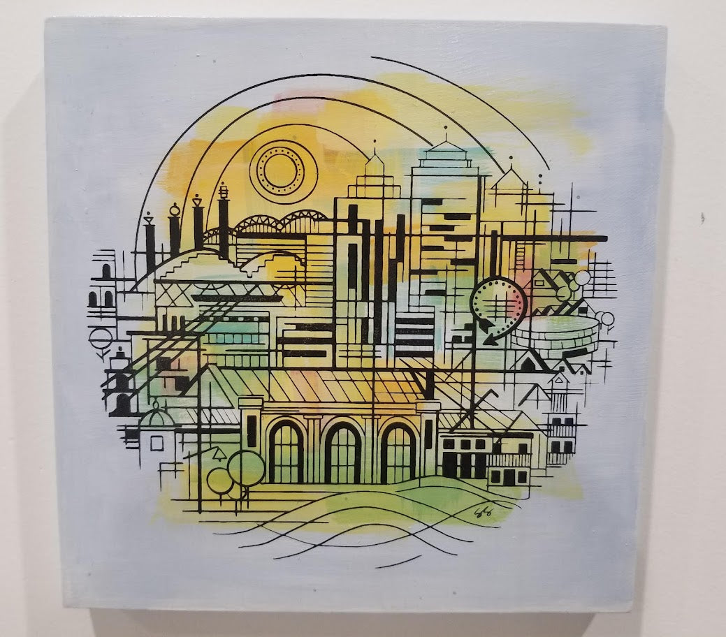 Original acrylic and screen print from hand-drawn design of Kansas City skyline. on 