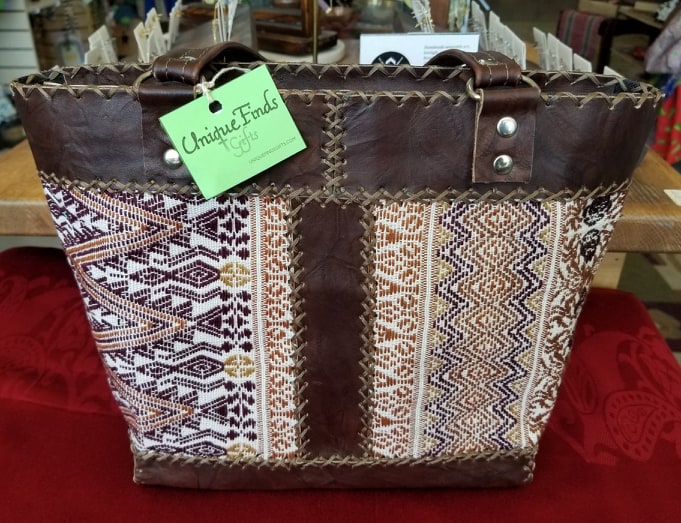 handmade leather and woven geometric fabric tote, made in Guatemala