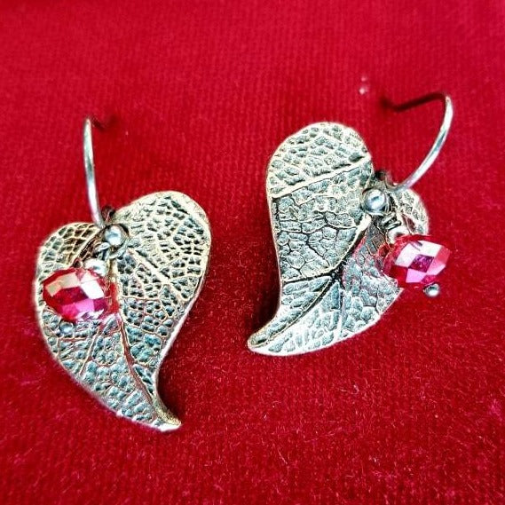Sterling silver, bronze, leaf earrings with pink crystal bead