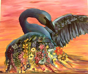 8 x 10 inch print from Renee Wetzel painting "Sunset". Swan and flowers.