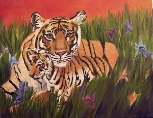 8 x 10 inch print of tigers lying in field of grass, painting by Renee Wetzel